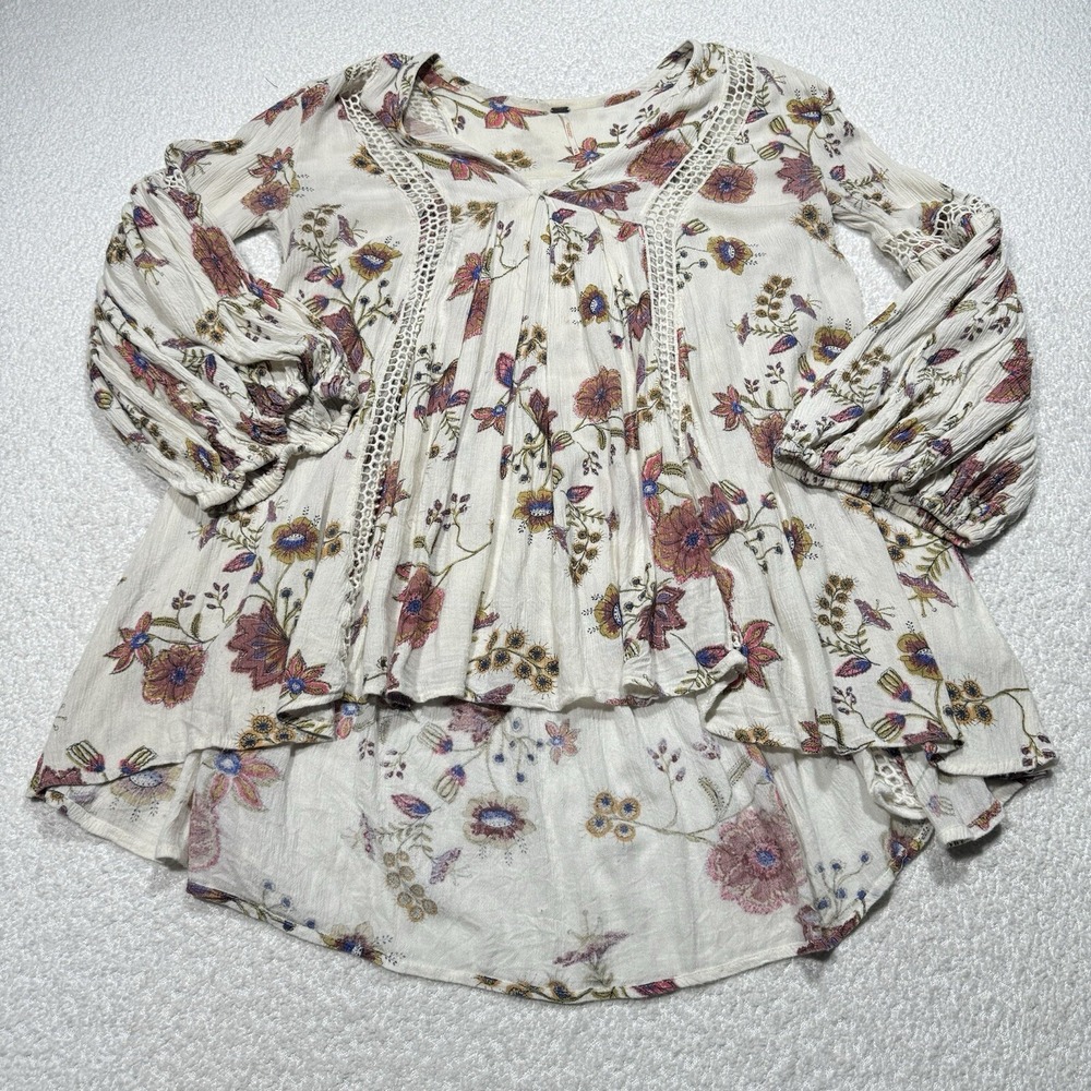 Free People Just the Two of Us Women Tunic Ivory Floral Boho Flowy V Neck Sz Med